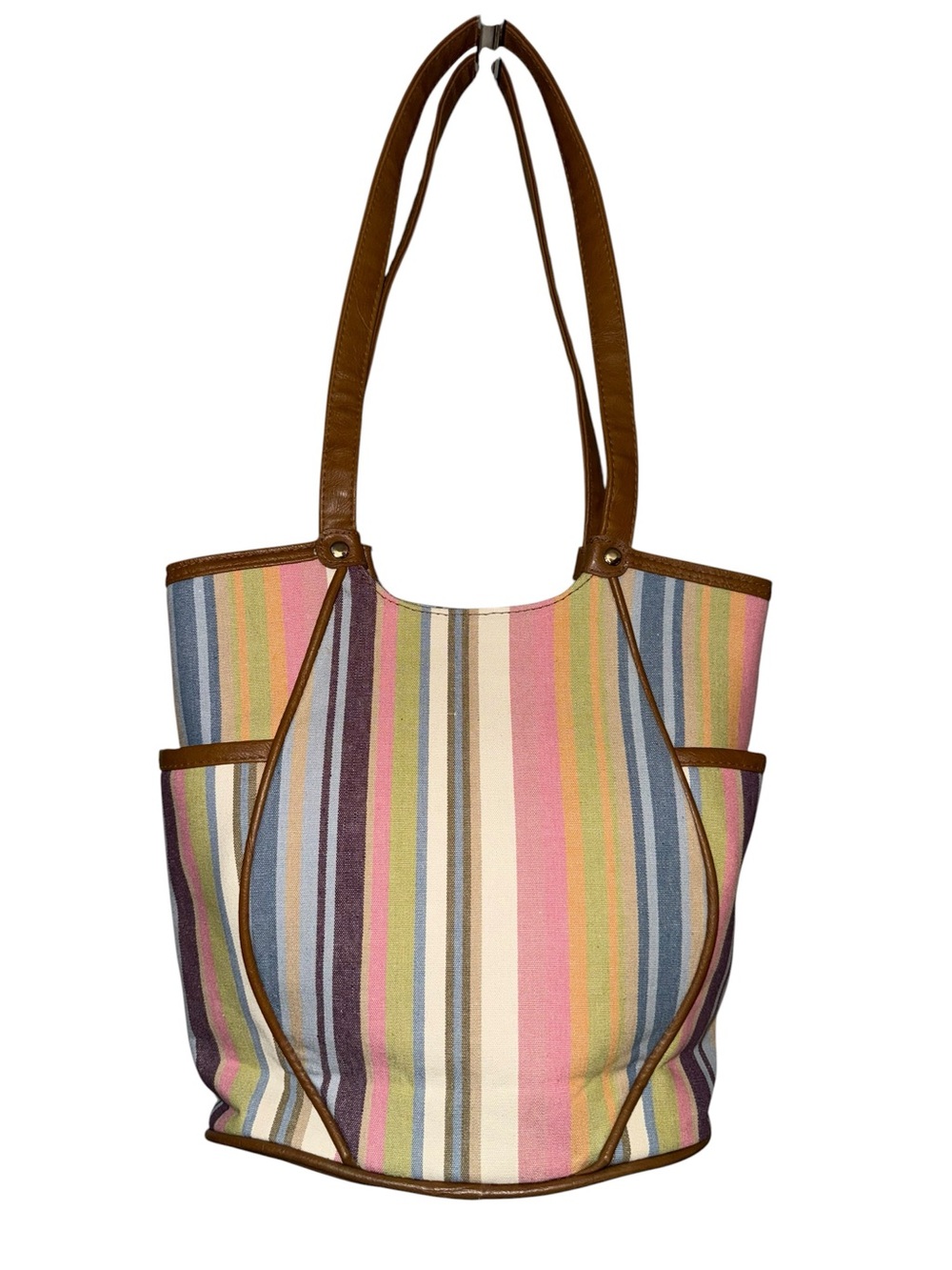 Longaberger Homestead Legacy Striped Canvas Tote Bag Brown Trim Pastel Shoulder - Picture 2 of 15